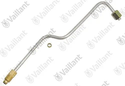Gasrohr für Vaillant-Geräte mit einem gebogenen Edelstahlrohr und zwei Anschlussstellen, einer davon aus Messing. Ein Dichtungsring ist ebenfalls sichtbar.